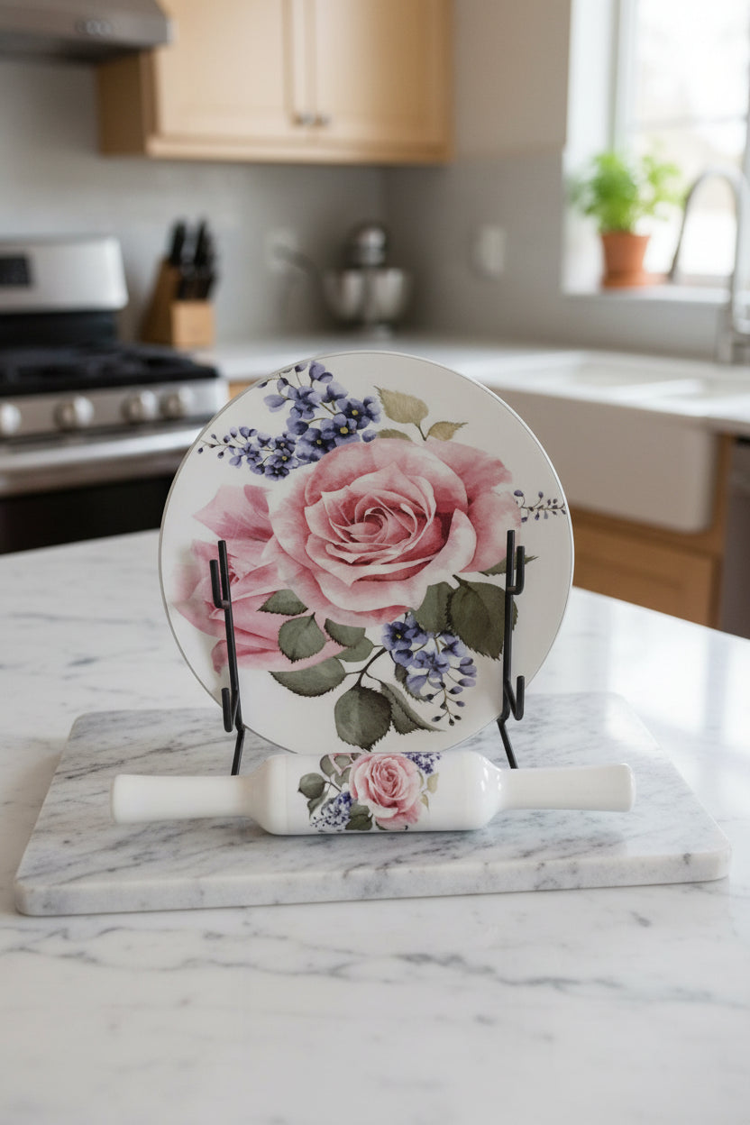 Marble chakla belan/Rolling pin/Rolling Board with epoxy Print Finish,  Design : Flower