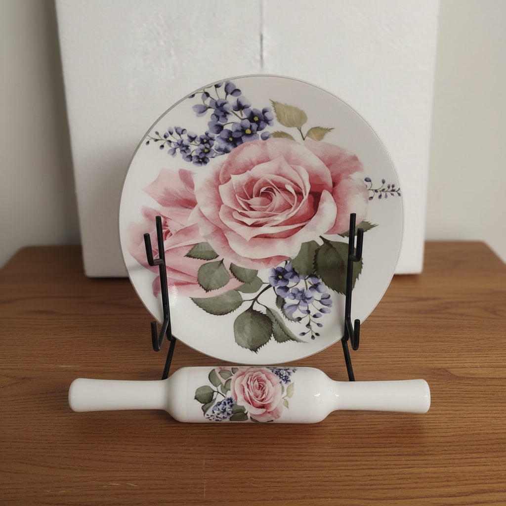 Marble chakla belan/Rolling pin/Rolling Board with epoxy Print Finish,  Design : Flower