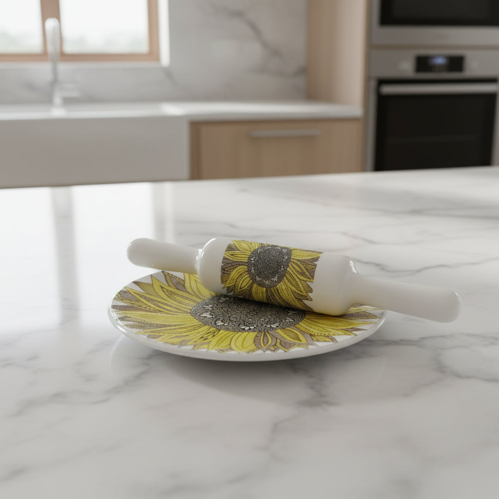 Beautiful Marble chakla belan/Rolling pin/Rolling Board with epoxy Print Finish,  Design : Sunflower
