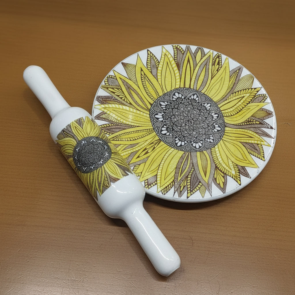 Beautiful Marble chakla belan/Rolling pin/Rolling Board with epoxy Print Finish,  Design : Sunflower