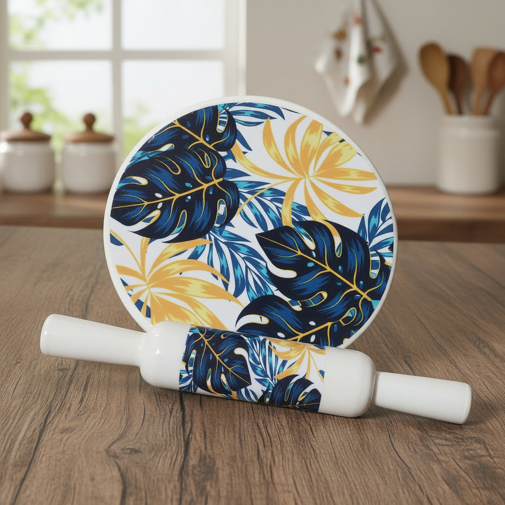 Beautiful Marble chakla belan/Rolling pin/Rolling Board with Print Finish, Design : Leaf