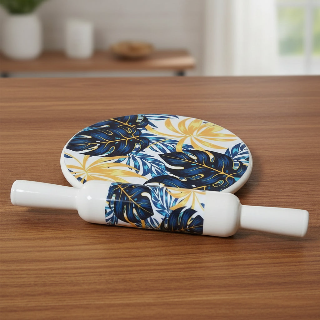 Beautiful Marble chakla belan/Rolling pin/Rolling Board with Print Finish, Design : Leaf