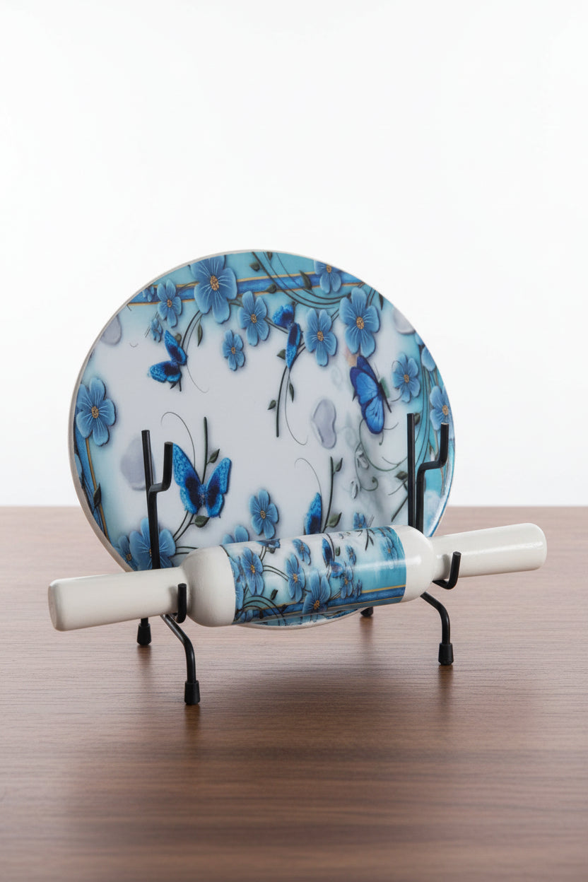 Beautiful Marble chakla belan/ Rolling pin/ Rolling Board with epoxy Print Finish, Design : Butterfly