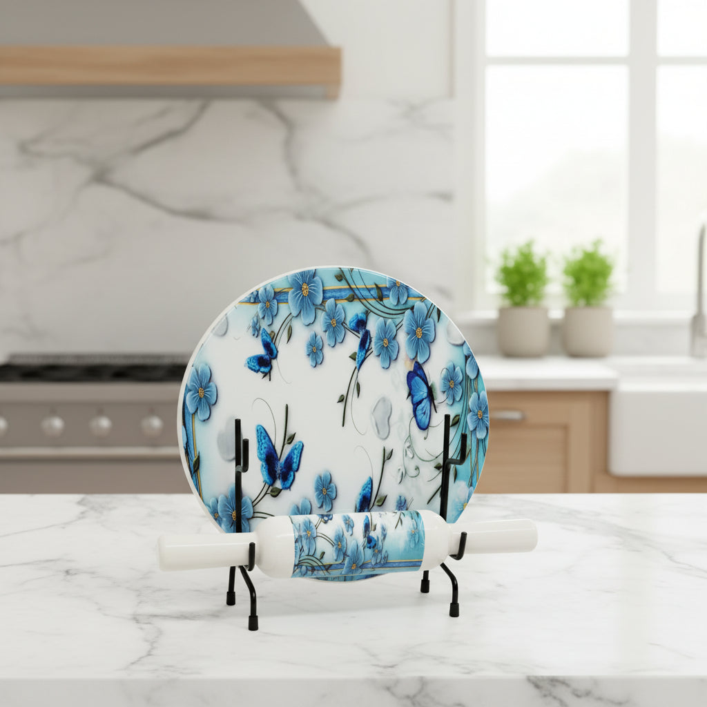 Beautiful Marble chakla belan/ Rolling pin/ Rolling Board with epoxy Print Finish, Design : Butterfly