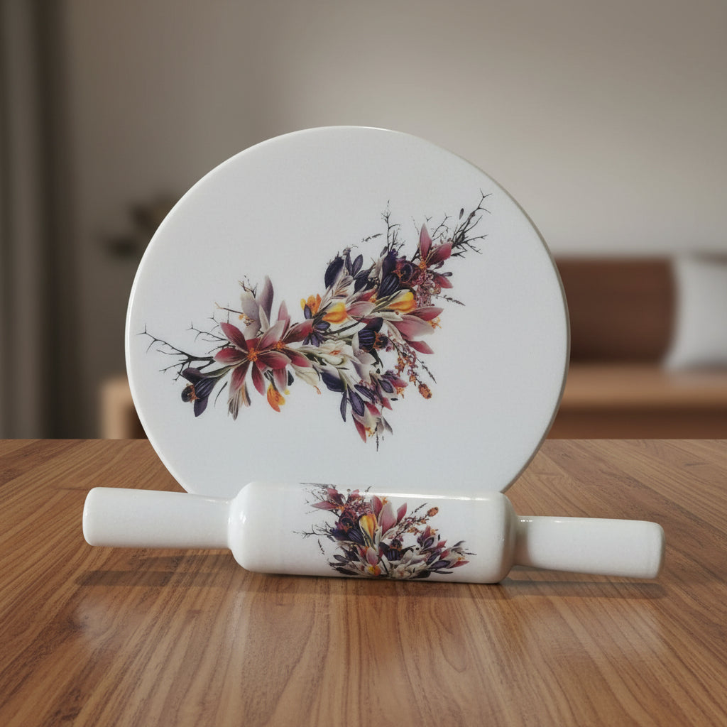 Beautiful Marble chakla belan/ Rolling pin/ Rolling Board with epoxy Print Finish