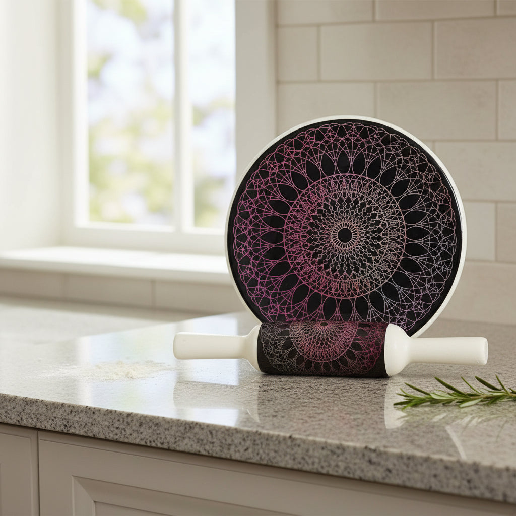 Beautiful Marble chakla belan/Rolling pin/Rolling Board with epoxy Print Finish, Design : Mandala