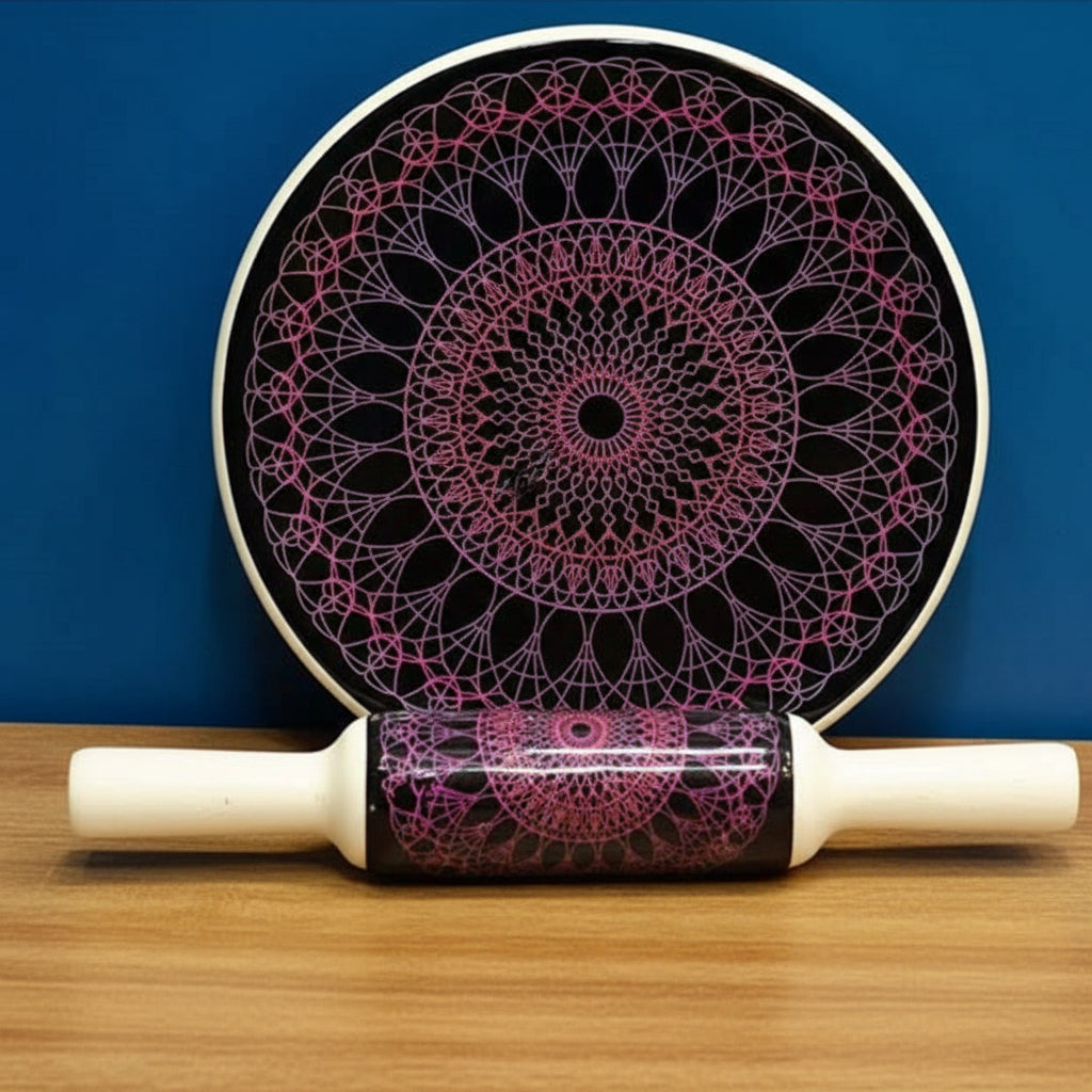 Beautiful Marble chakla belan/Rolling pin/Rolling Board with epoxy Print Finish, Design : Mandala