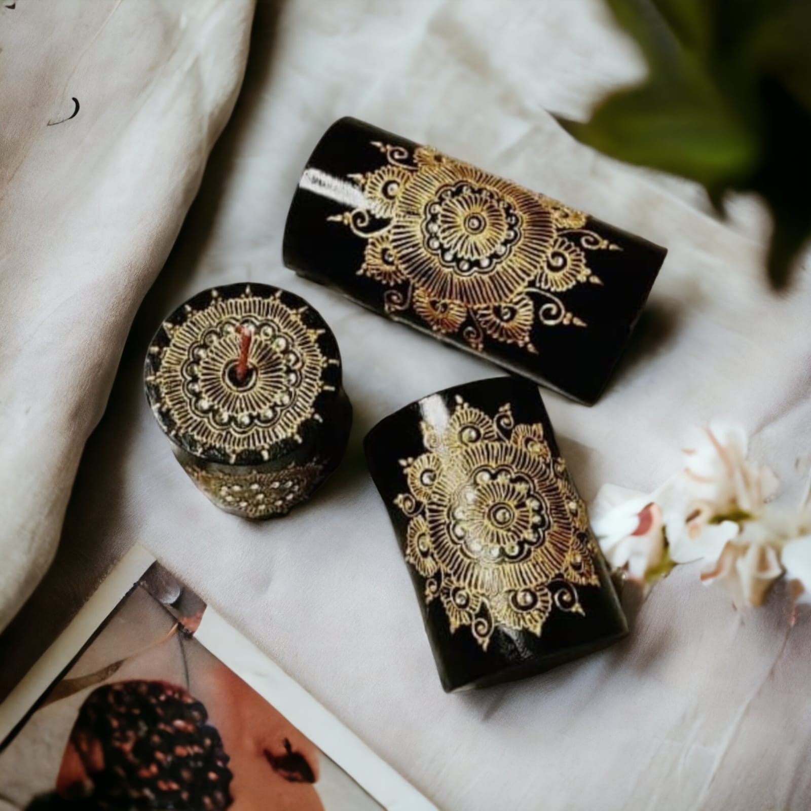 Set of 3 Black with Golden Design Pillar Set for Diwali/Home décor/Gift Item