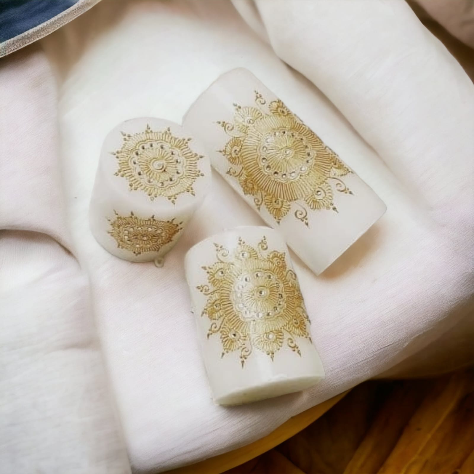 Set of 3 White with Golden Design Pillar Set for Diwali/Home décor/Gift Item