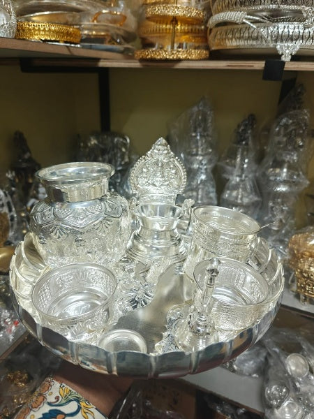 Pure German Silver Set of 8 Pieces Pooja thali Set