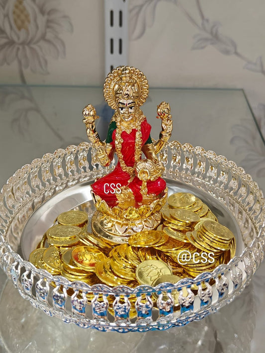 pure German silver tray with Lakshmi idol and gold color coins