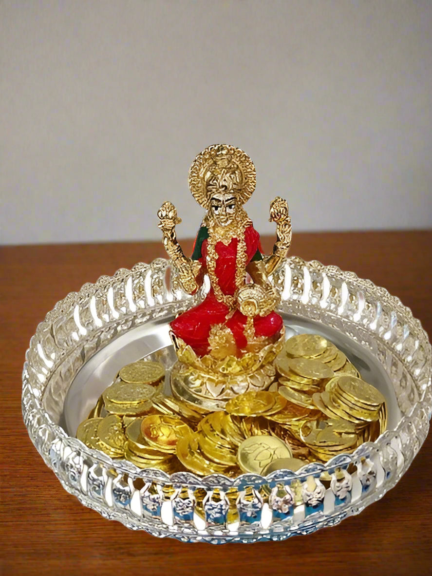 Pure German Silver Tray with Lakshmi Idol and Gold Color Coins