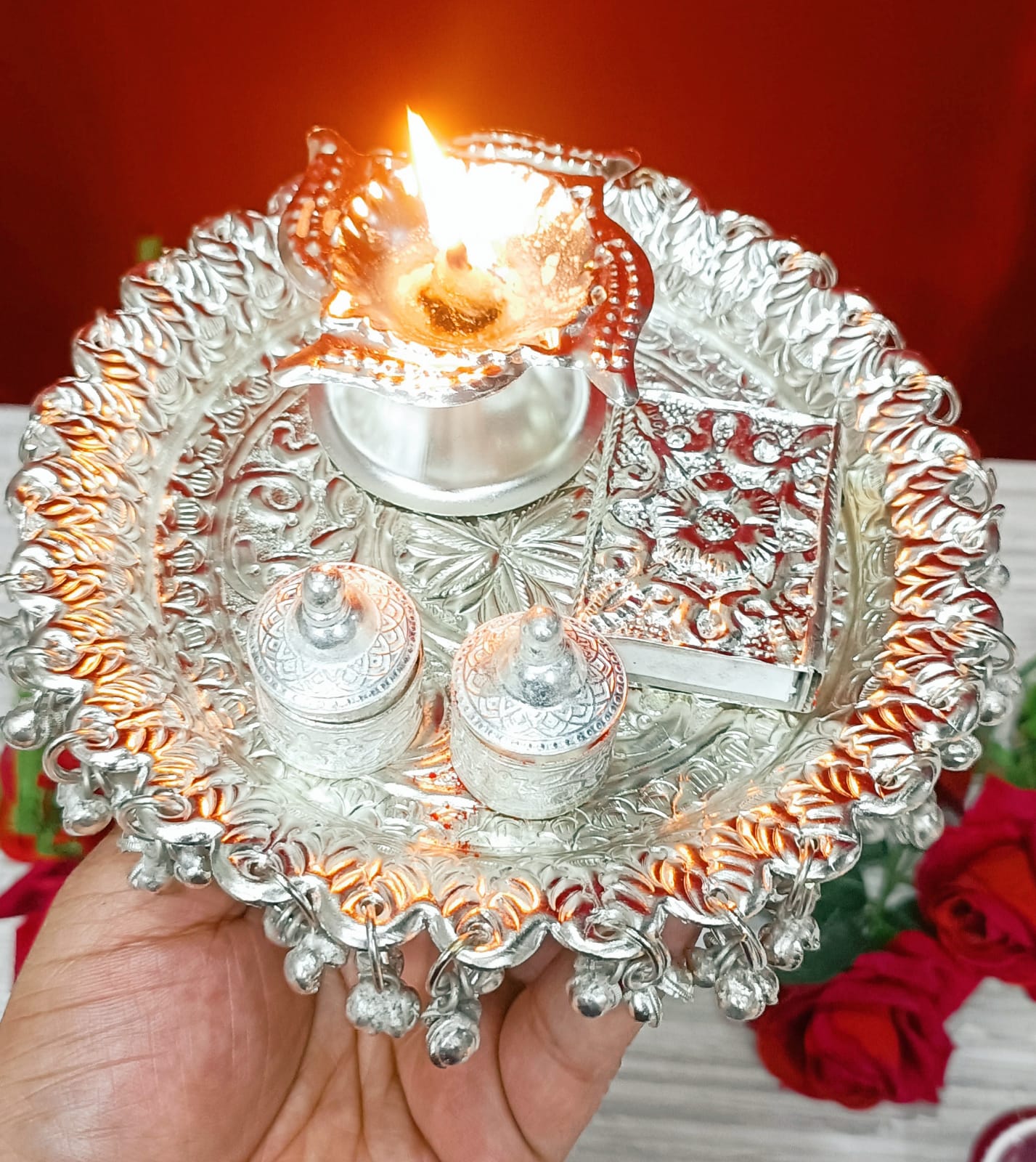 German Silver ghungaru Budget aarti Thali with Matchbox