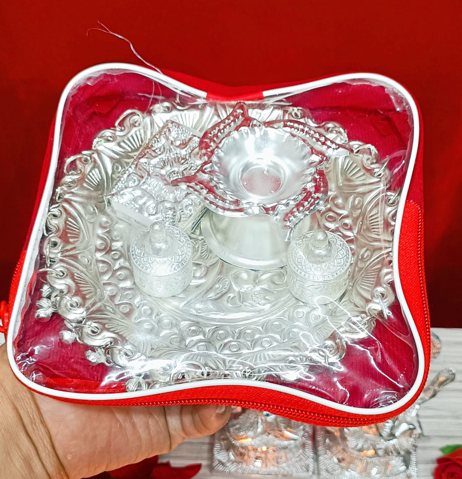 German Silver ghungaru Budget aarti Thali with Matchbox