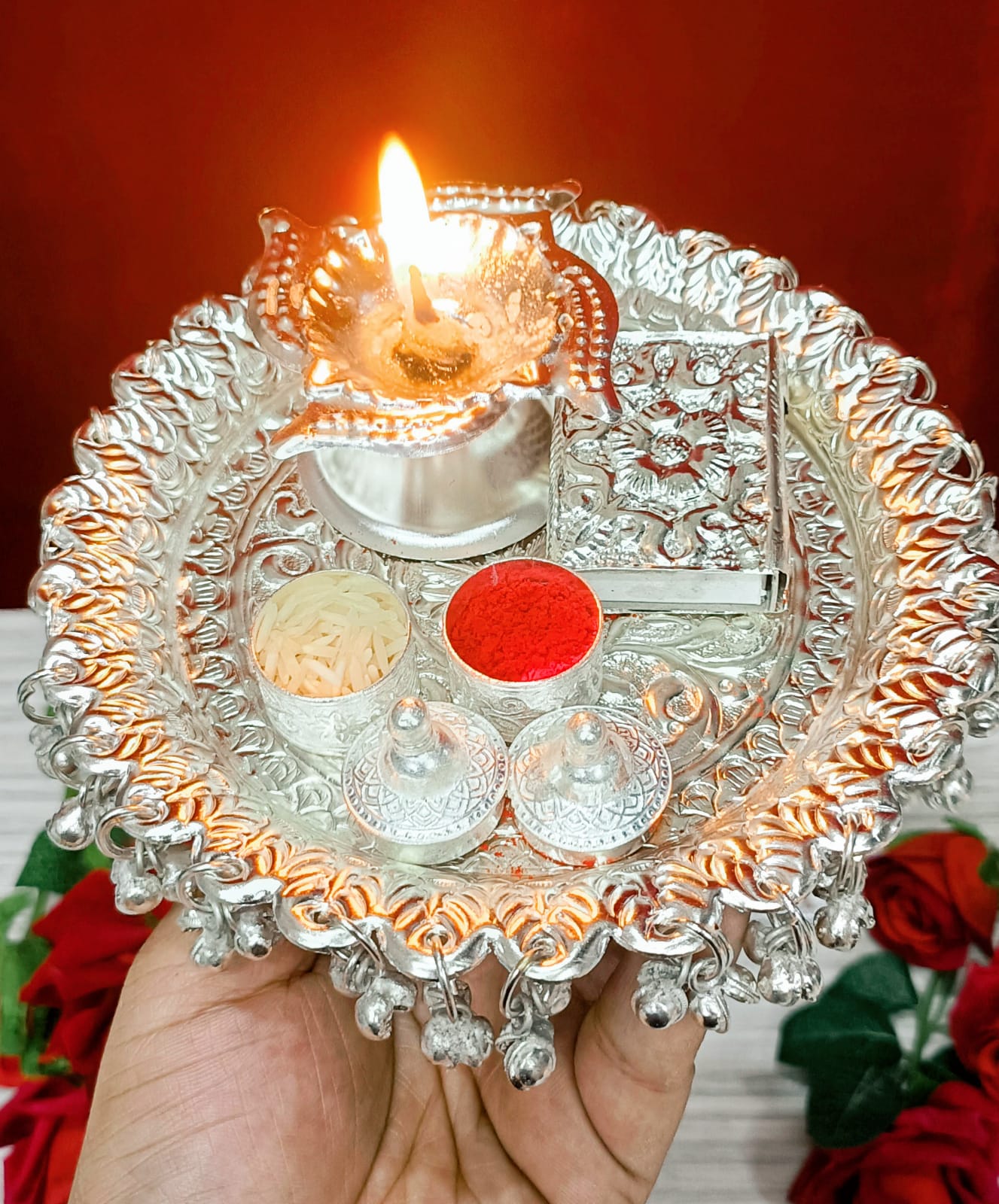 German Silver ghungaru Budget aarti Thali with Matchbox