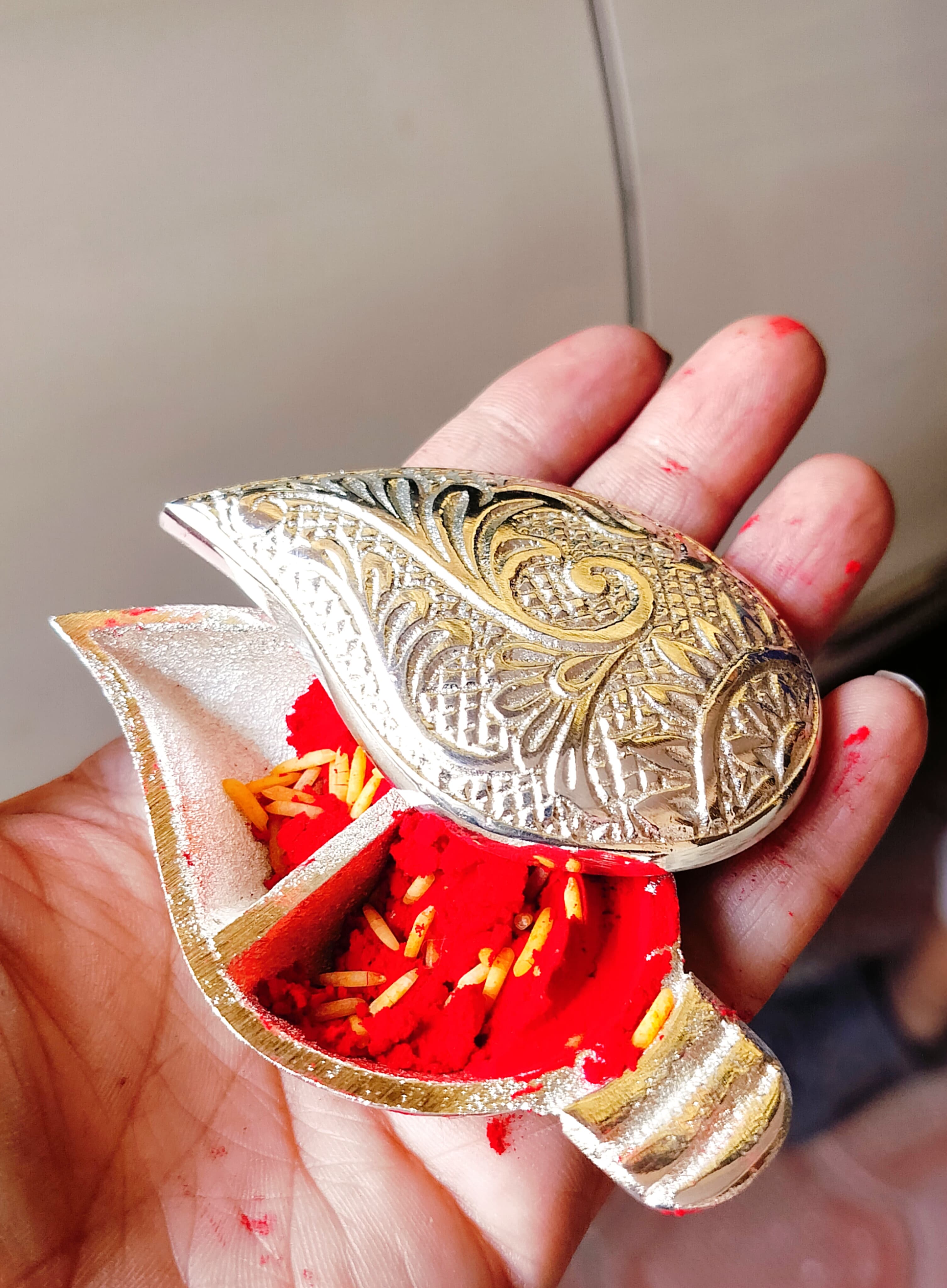 German Silver aarti thali with Flute Krishna tika Stick Pooja thali Set of 4 Pieces