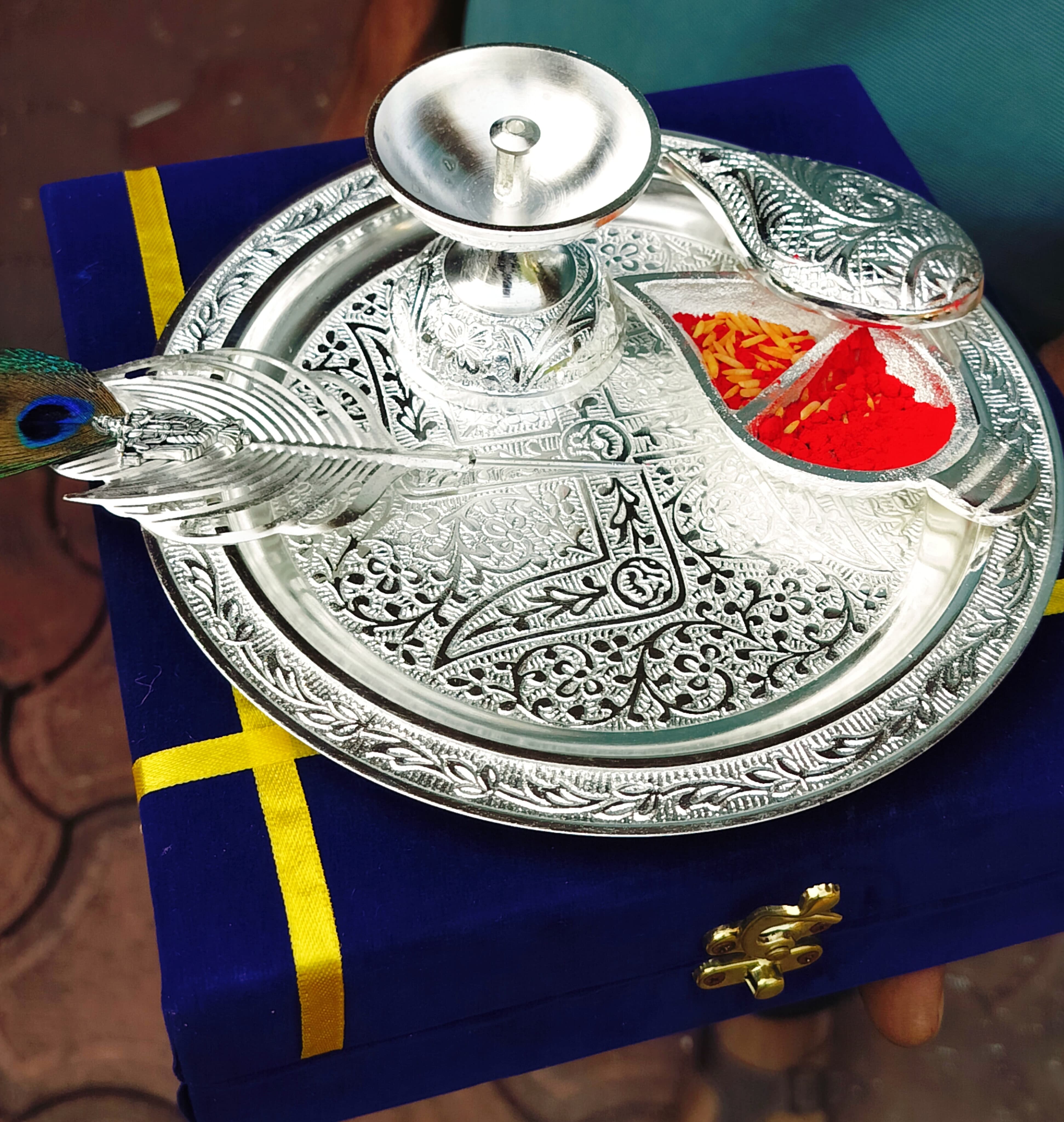 German Silver aarti thali with Flute Krishna tika Stick Pooja thali Set of 4 Pieces