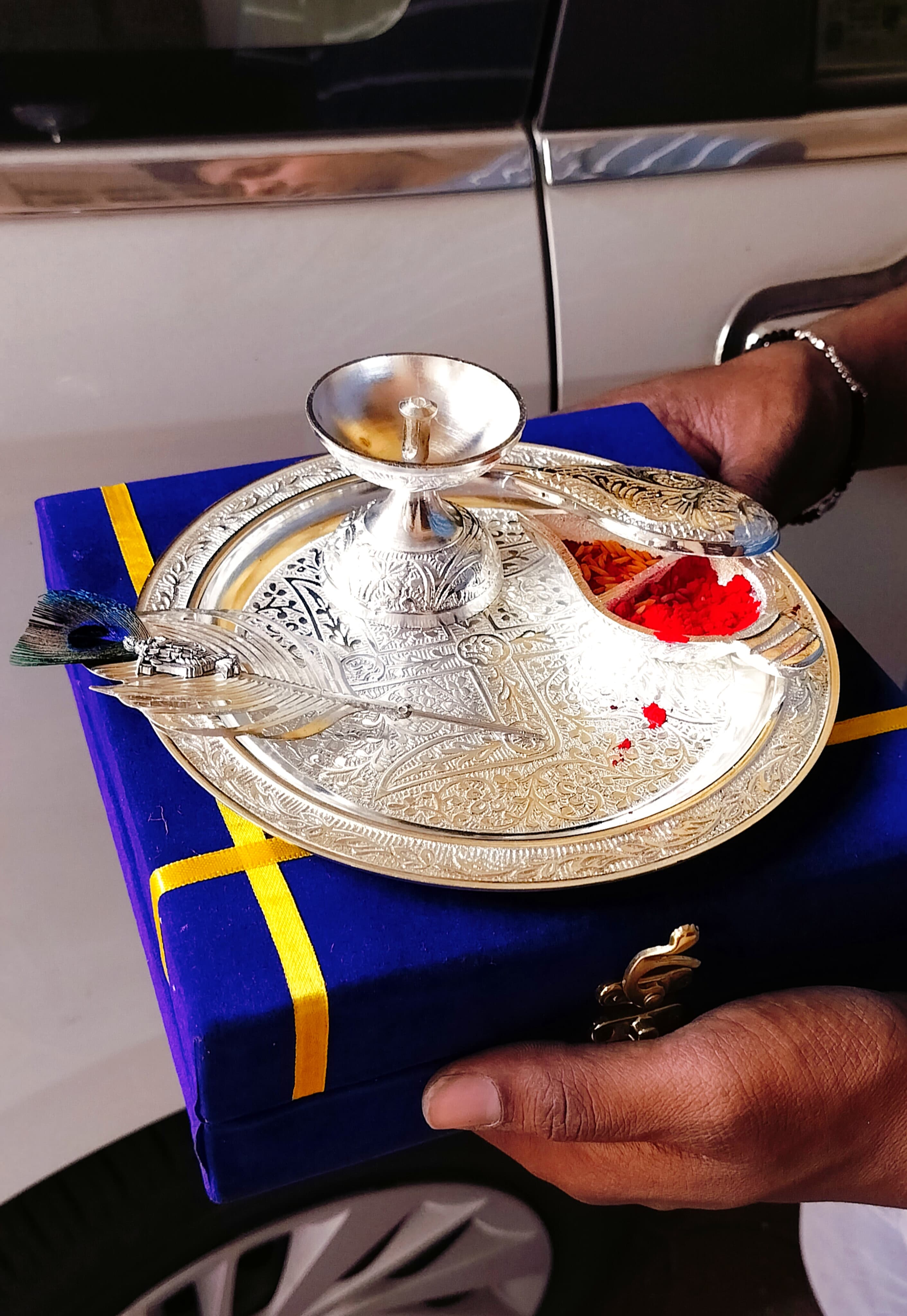 German Silver aarti thali with Flute Krishna tika Stick Pooja thali Set of 4 Pieces