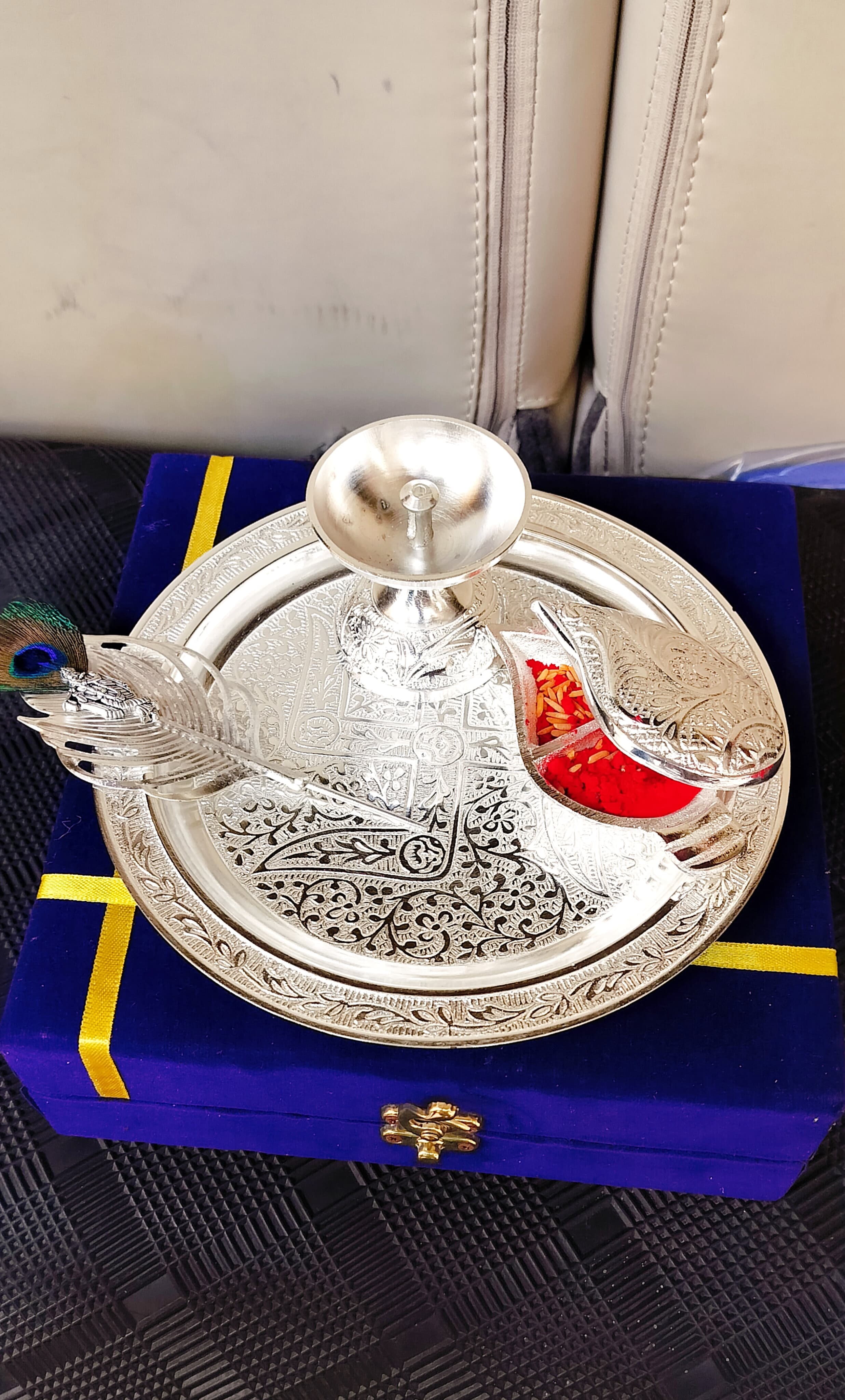 German Silver aarti thali with Flute Krishna tika Stick Pooja thali Set of 4 Pieces