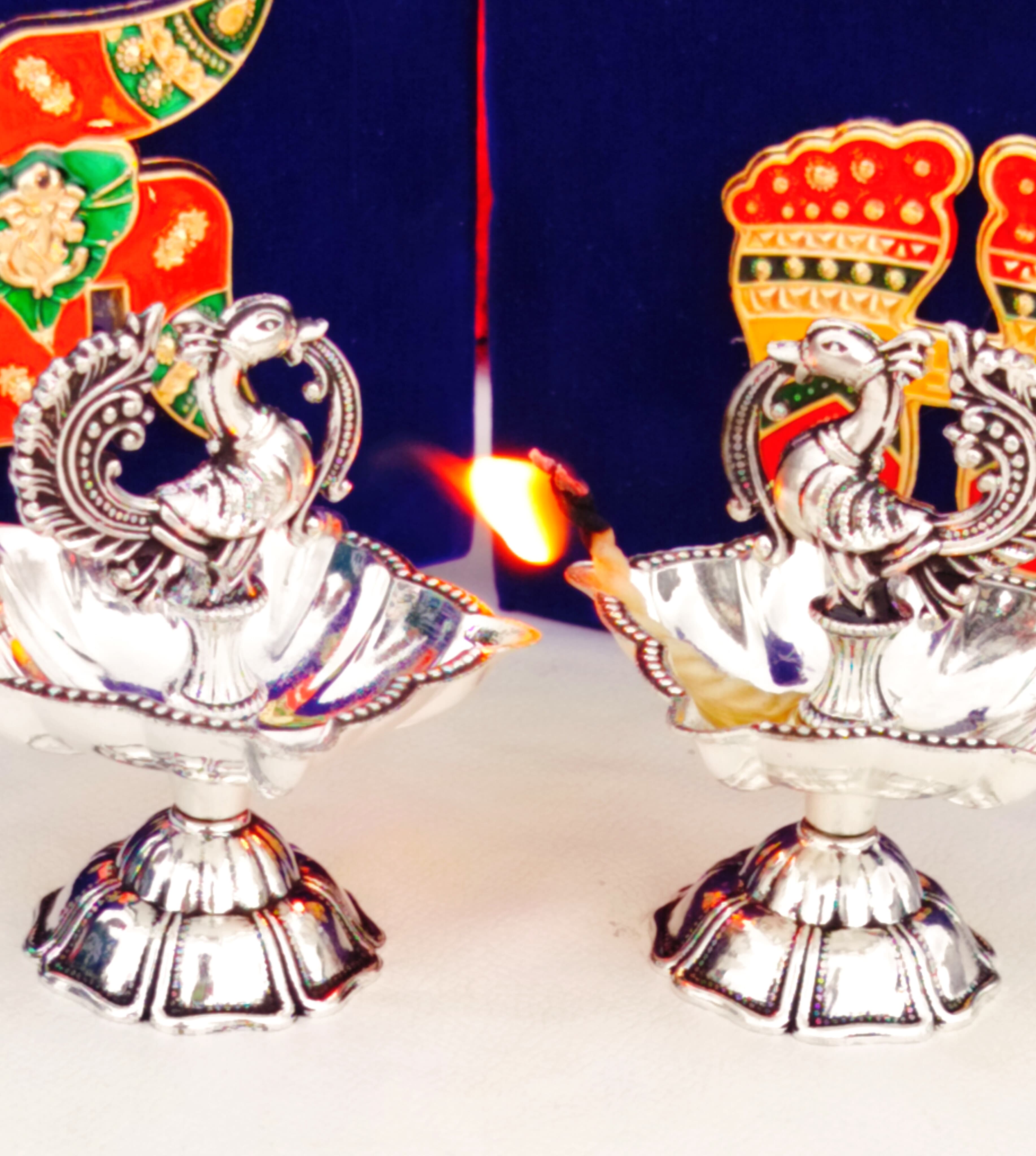Antique German Silver Daily use panchmukhi Peacock Diya, Set of 2 Pieces