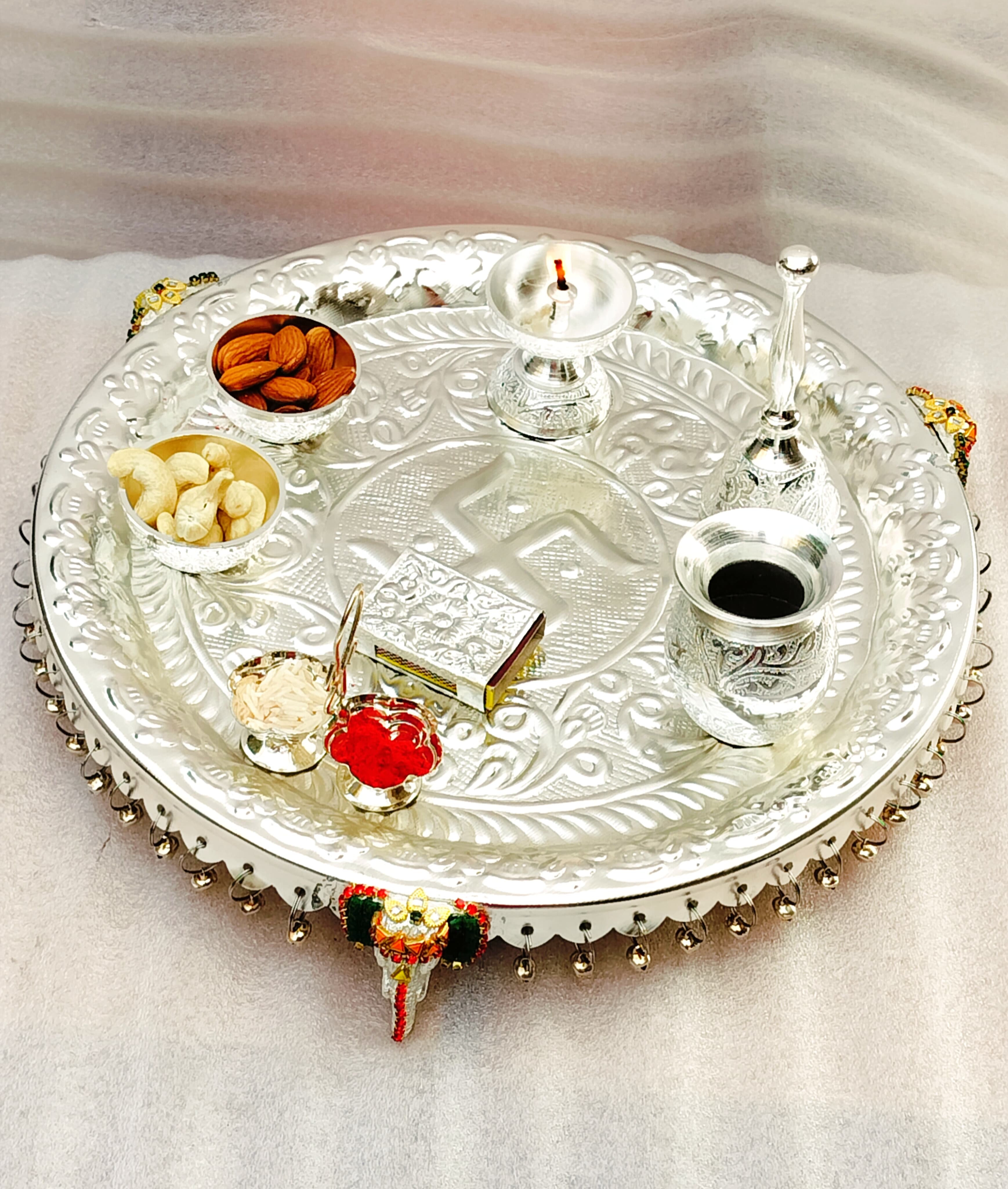 German Silver with Stone Work Big Size 12" inch nakkashi ghungharu thali Set