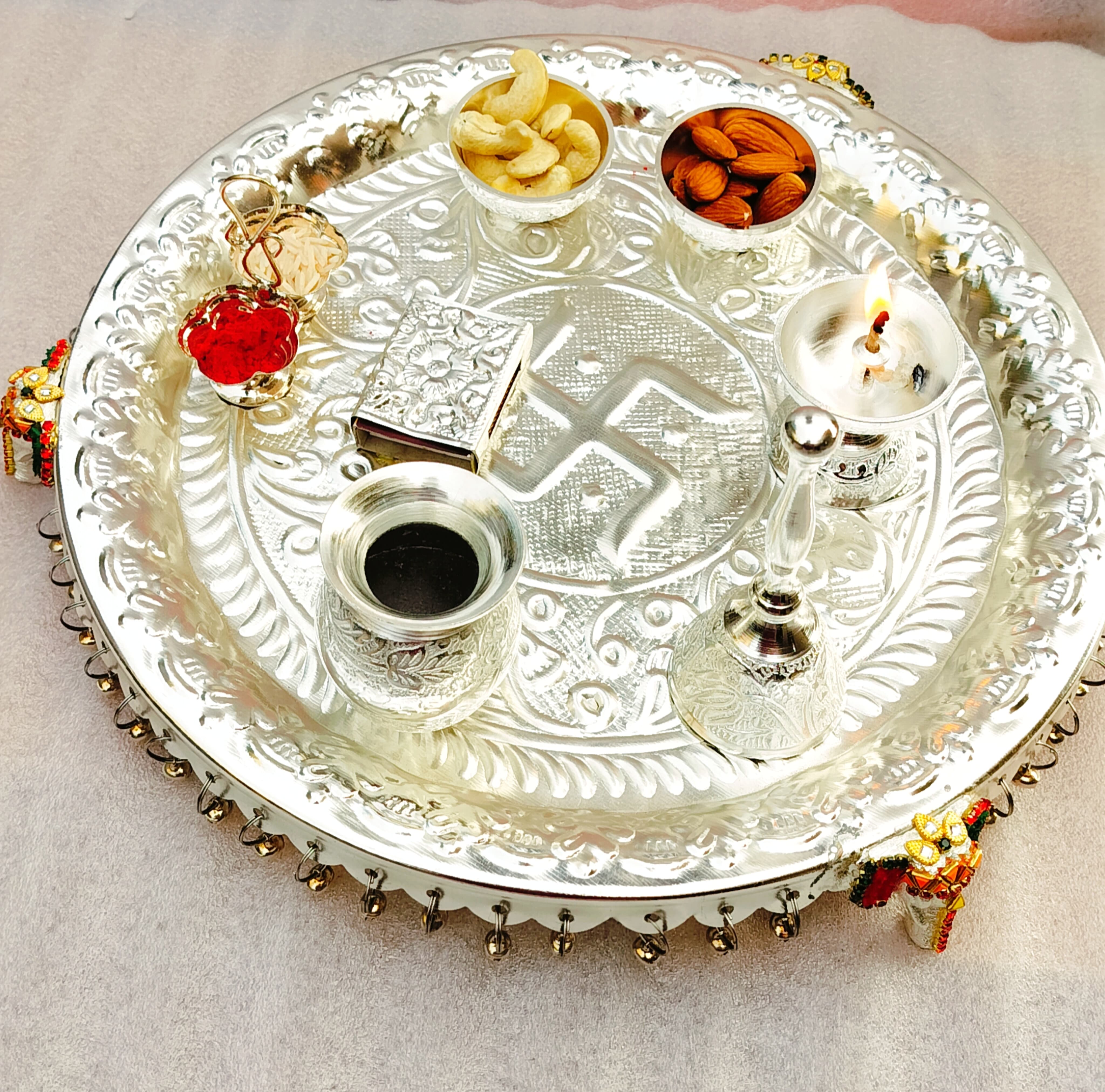 German Silver with Stone Work Big Size 12" inch nakkashi ghungharu thali Set