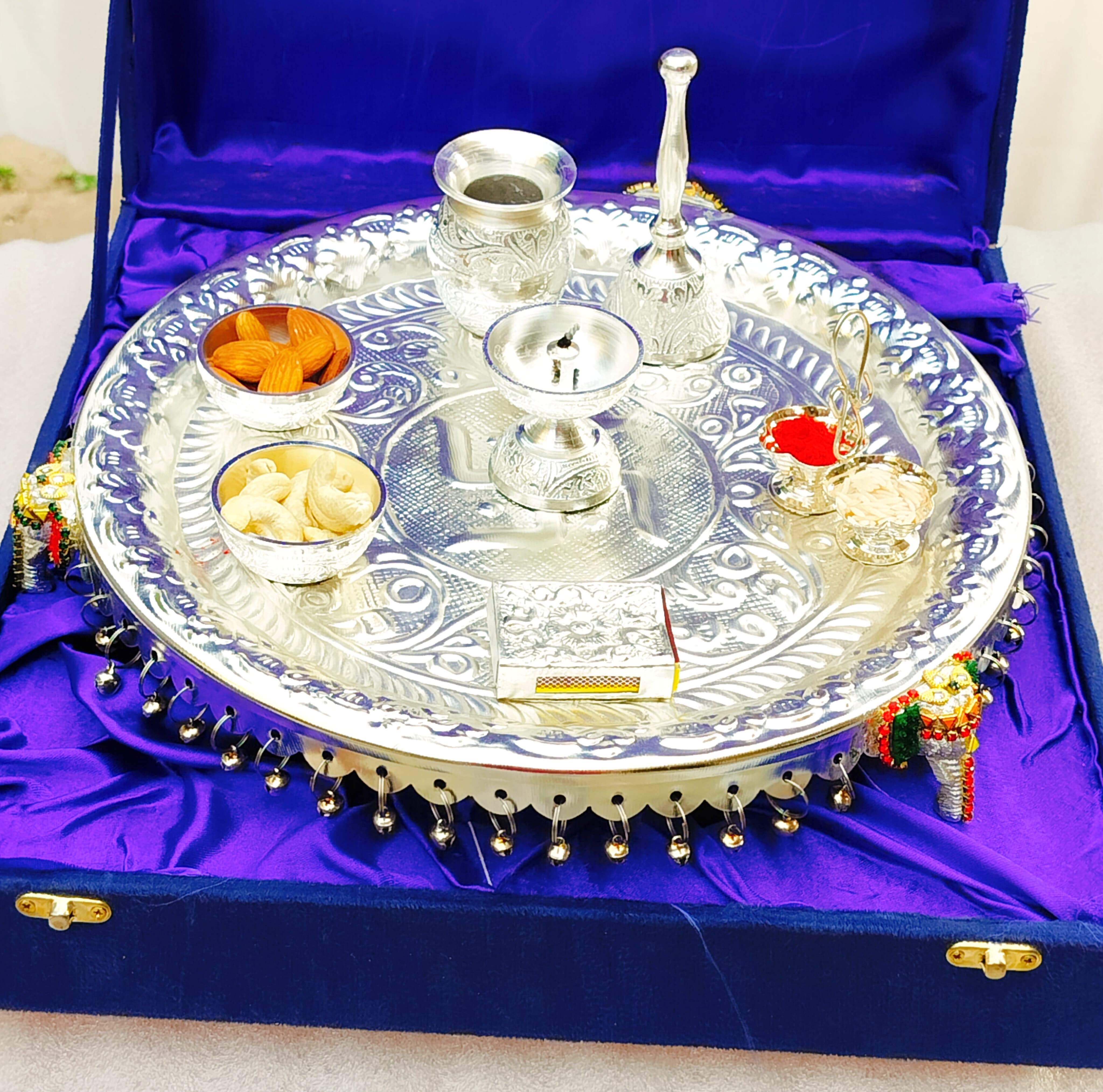 German Silver with Stone Work Big Size 12" inch nakkashi ghungharu thali Set