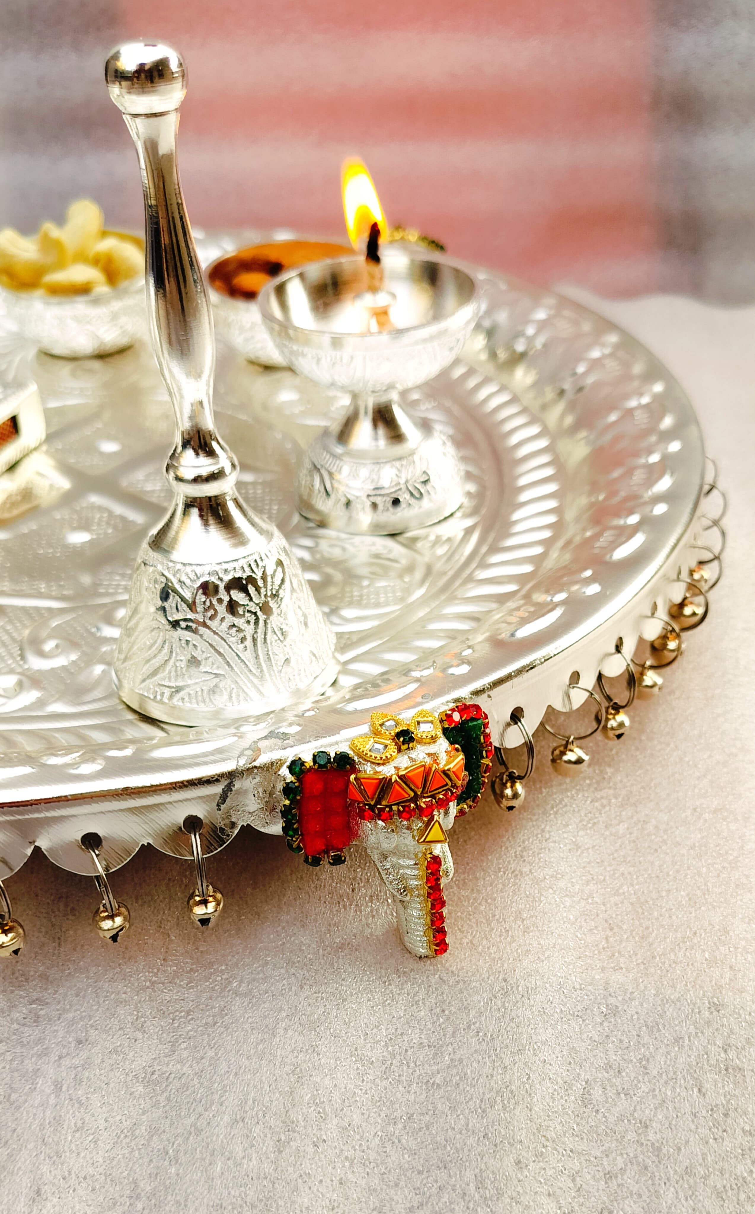 German Silver with Stone Work Big Size 12" inch nakkashi ghungharu thali Set