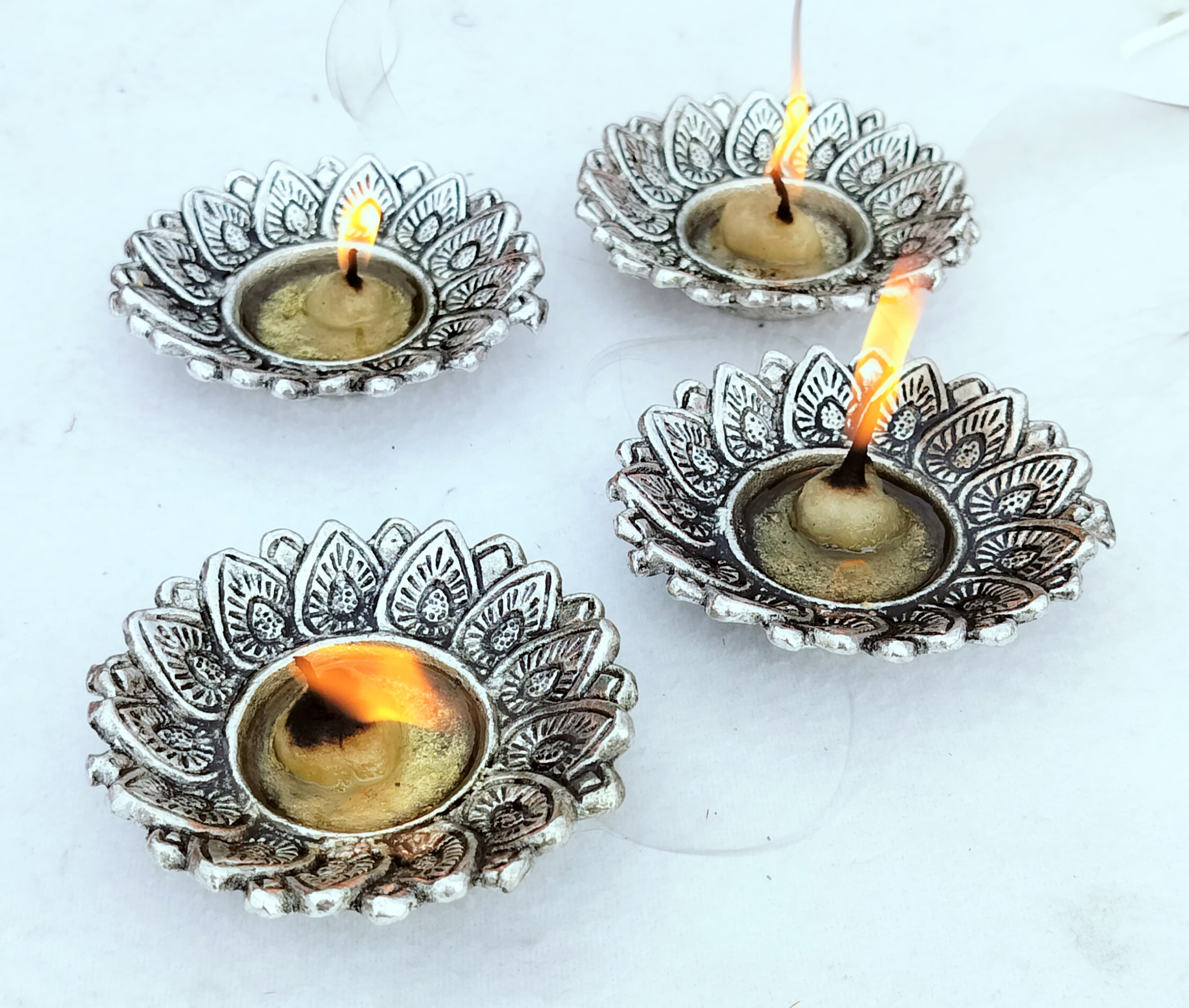 Antique German Silver Sunflower Diya, Set of 21 diyas