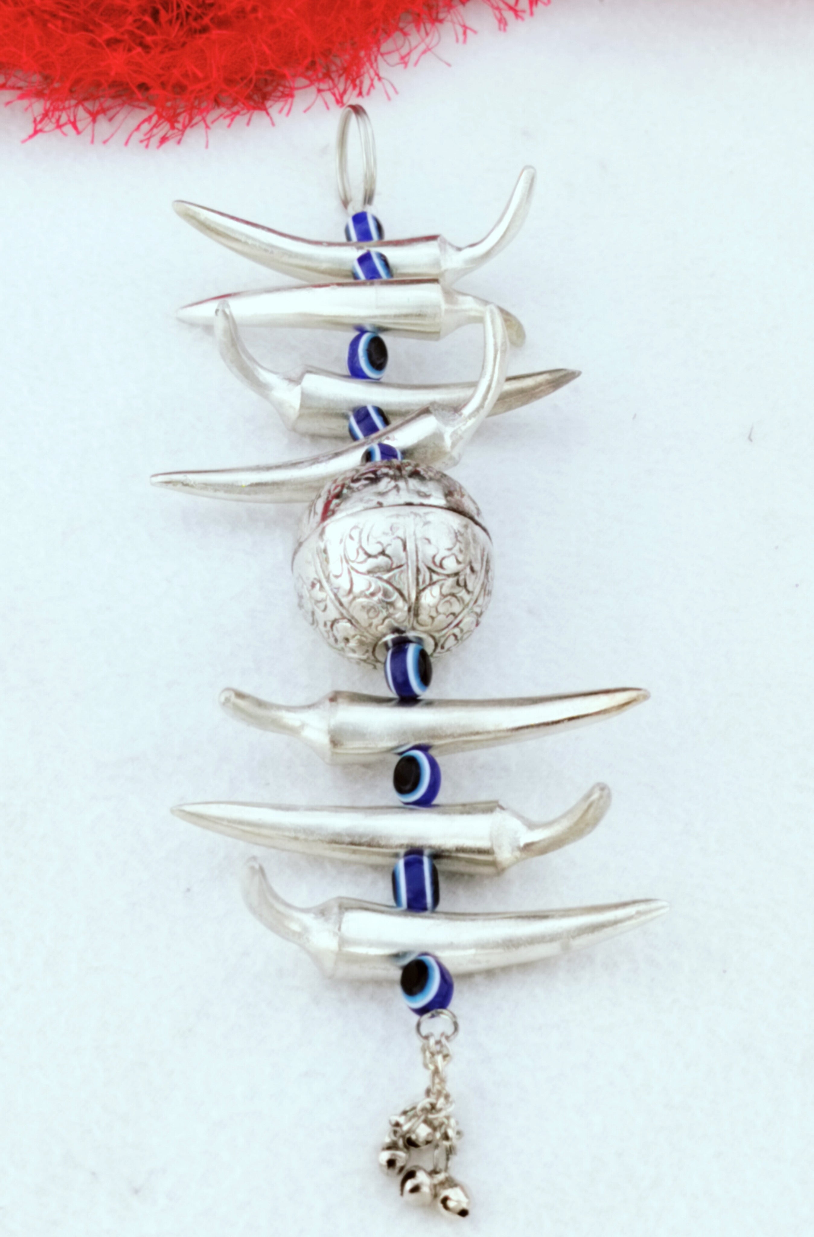 German Silver Nimbu-Mirchi/Good Luck Charm Hanging with 9 Evil Eye for House/Office/Gift Item