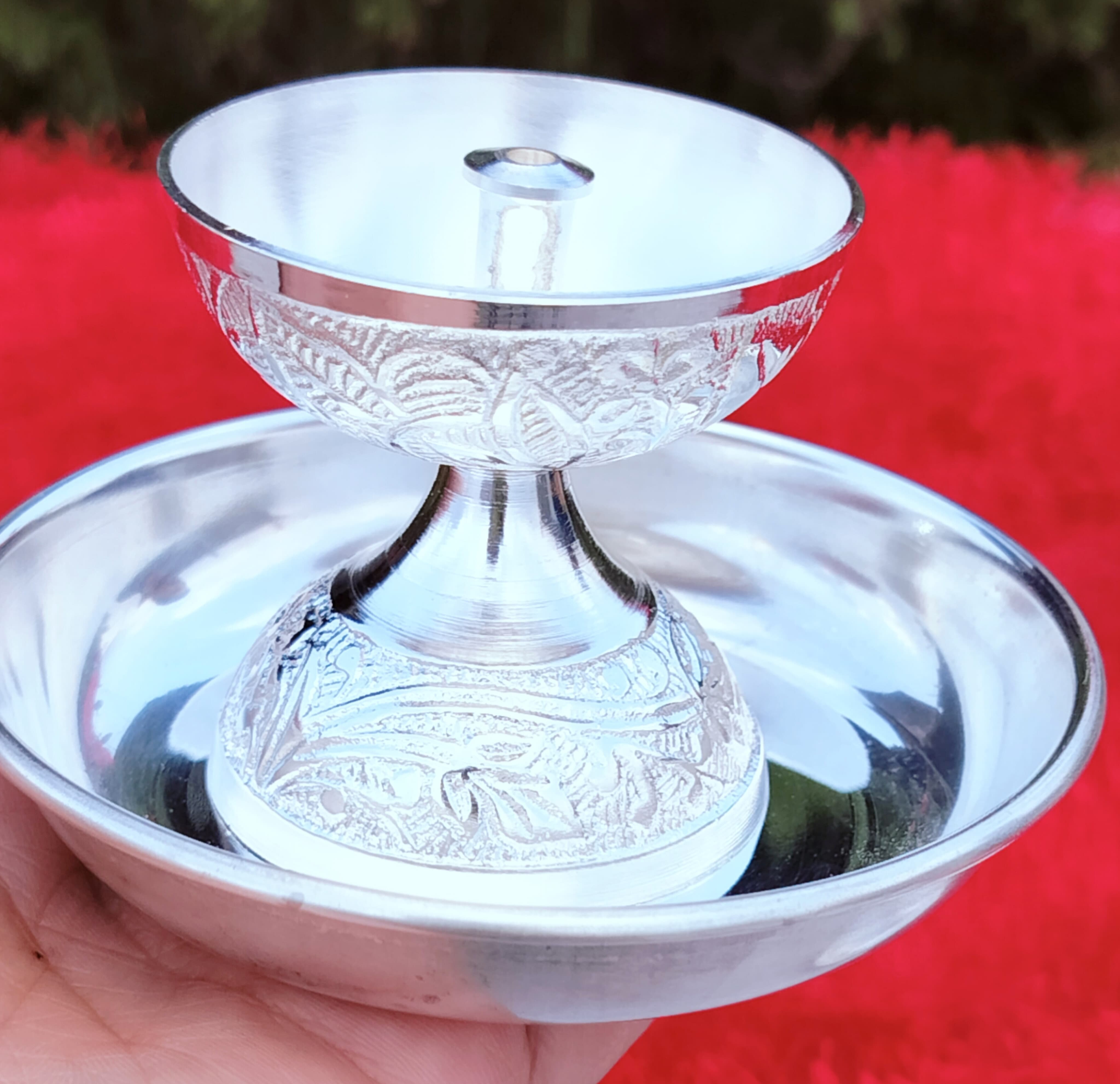German Silver nakkashi Work Daily use Akhand Diya with Plate Set, 2 Full Sets