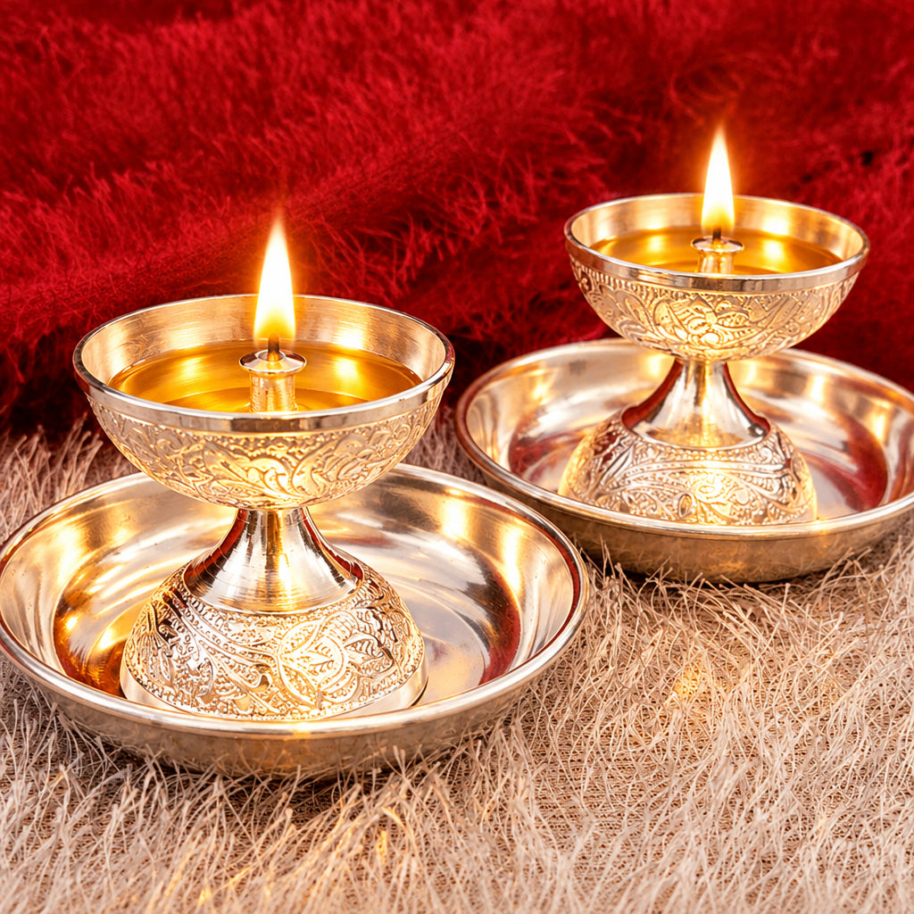 German Silver nakkashi Work Daily use Akhand Diya with Plate Set, 2 Full Sets