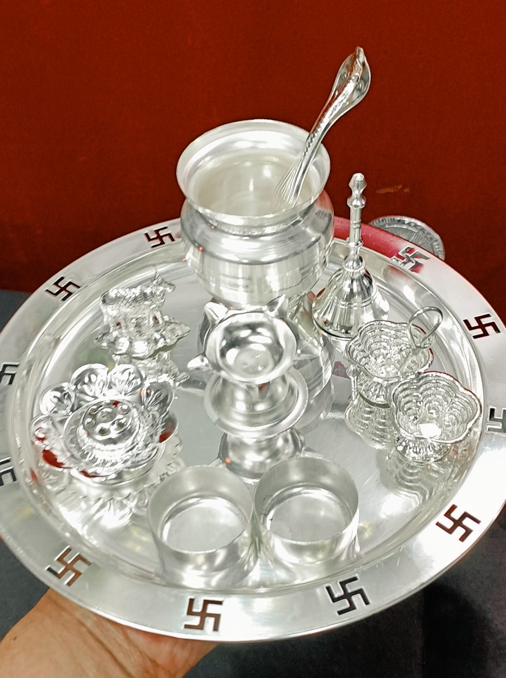 German silver Embossed Pooja Set for Housewarming/Diwali Pooja Festival