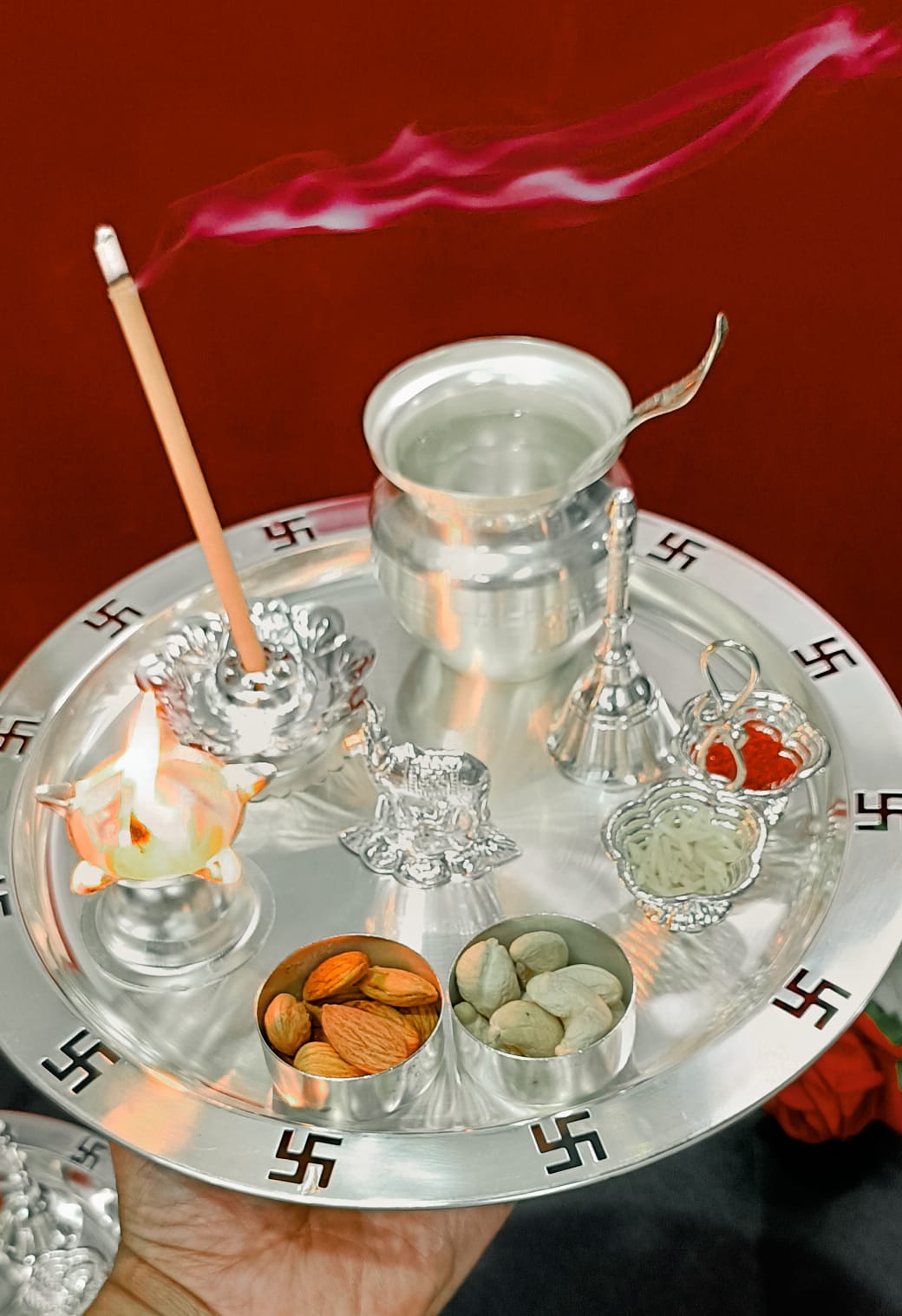 German silver Embossed Pooja Set for Housewarming/Diwali Pooja Festival