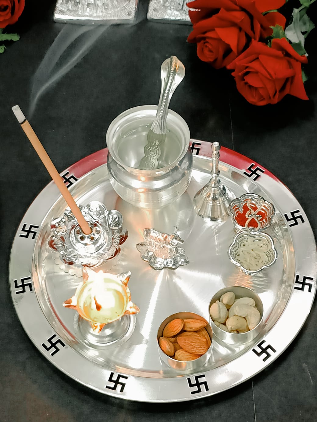 German silver Embossed Pooja Set for Housewarming/Diwali Pooja Festival