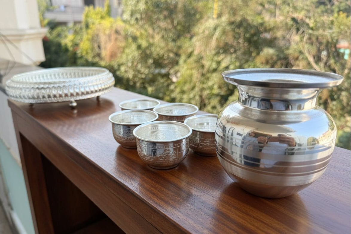 German Silver Designer Tray Set of 2 with Bowl & Kalash – Perfect for Housewarming, Pooja & Gifting