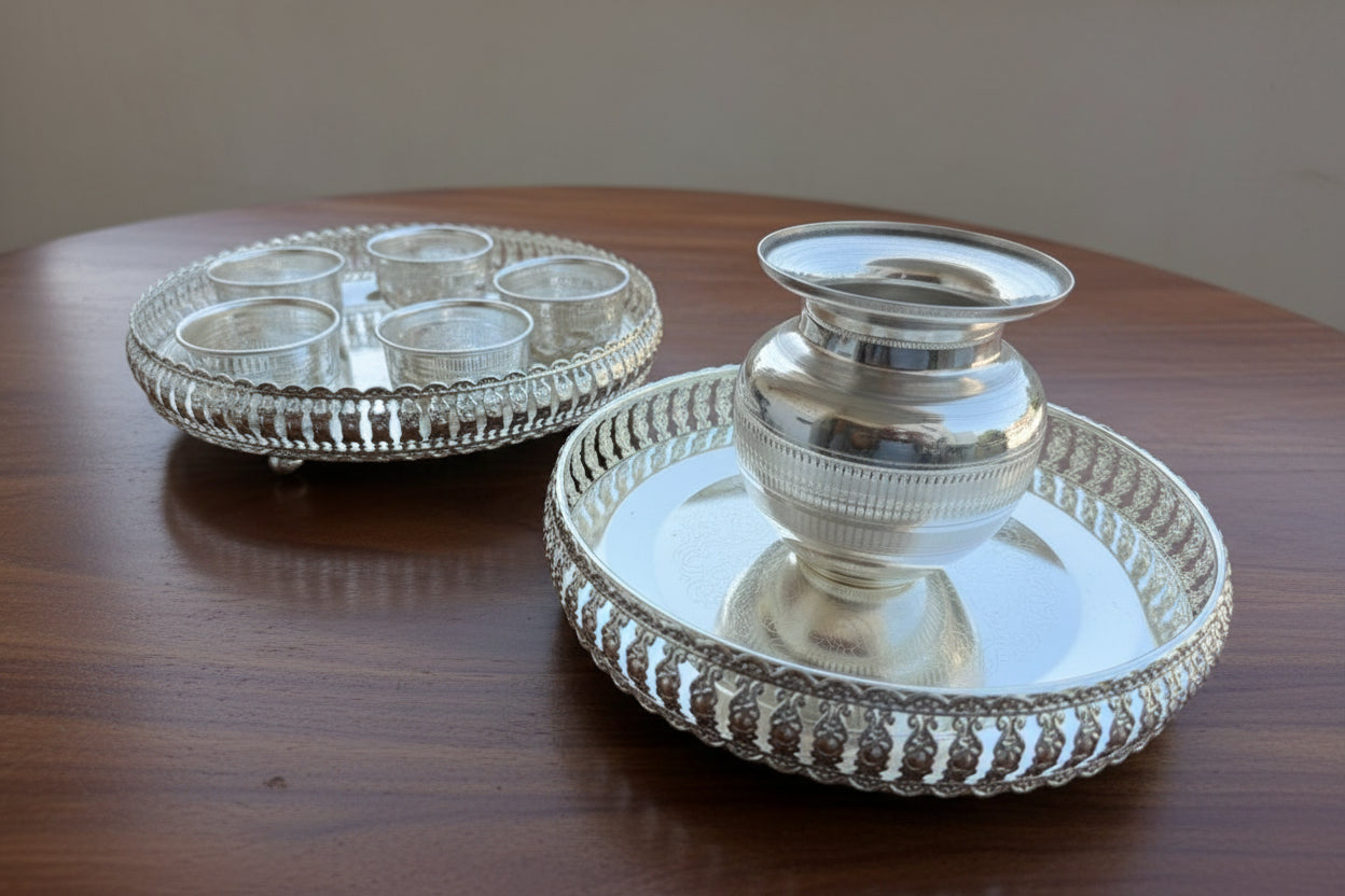 German Silver Designer Tray Set of 2 with Bowl & Kalash – Perfect for Housewarming, Pooja & Gifting
