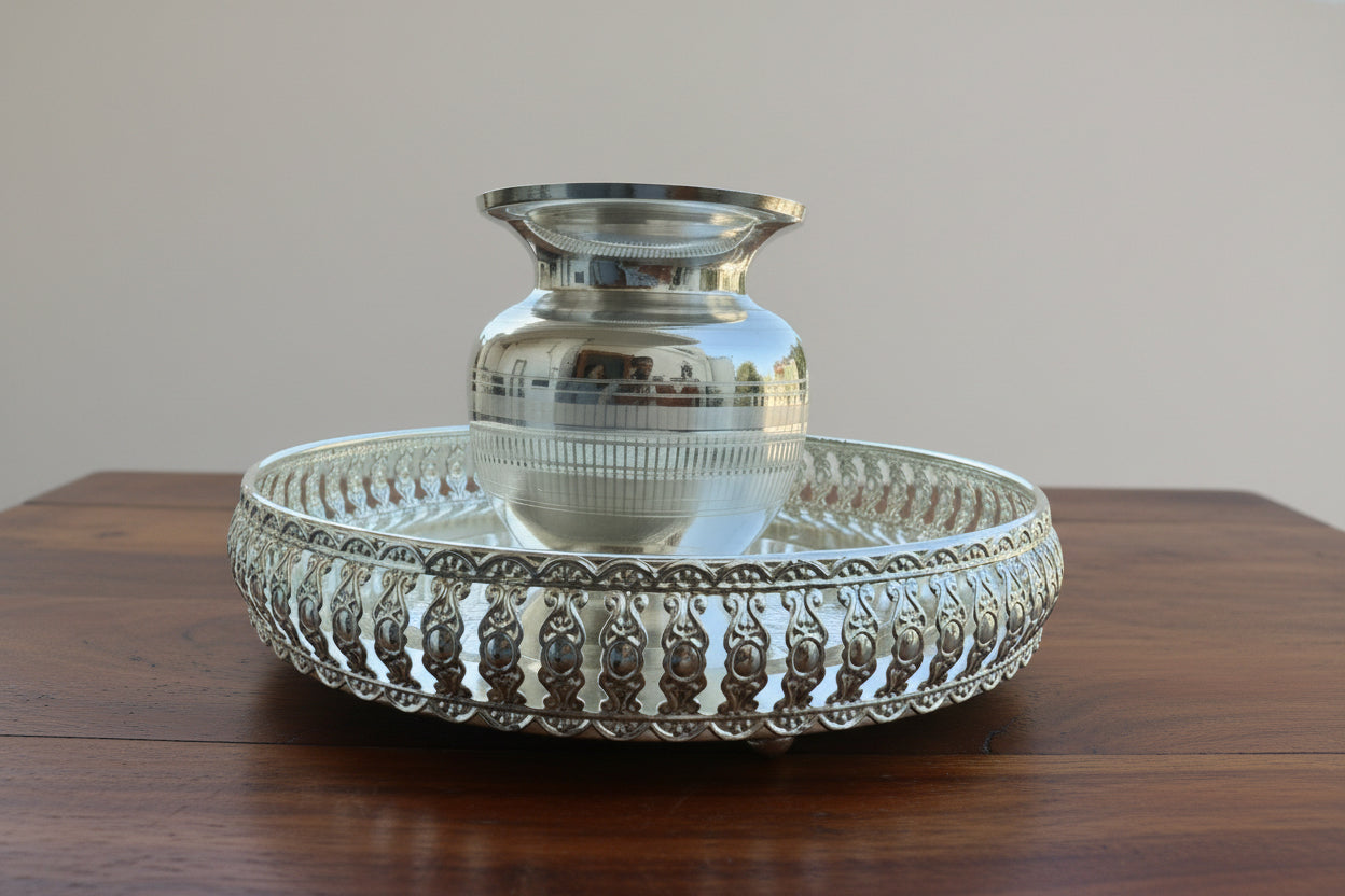 German Silver Designer Tray Set of 2 with Bowl & Kalash – Perfect for Housewarming, Pooja & Gifting