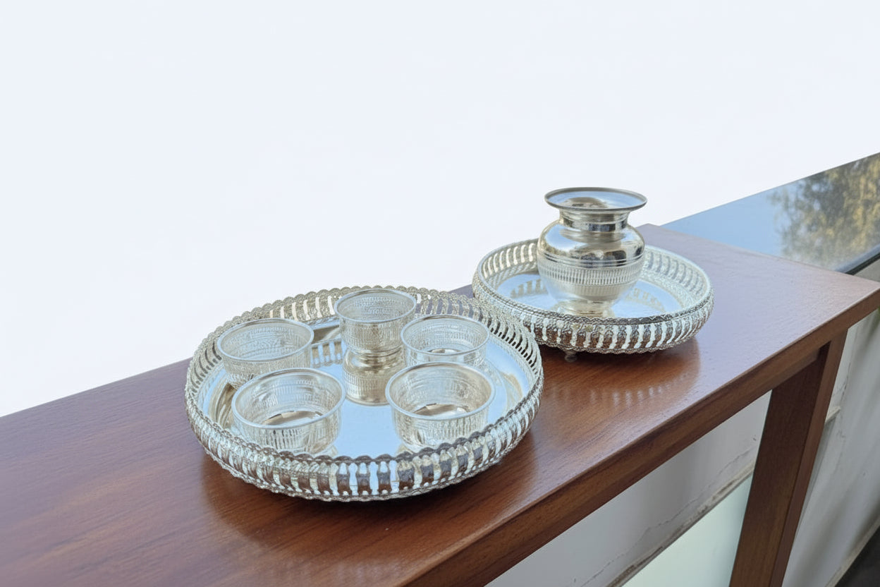German Silver Designer Tray Set of 2 with Bowl & Kalash – Perfect for Housewarming, Pooja & Gifting