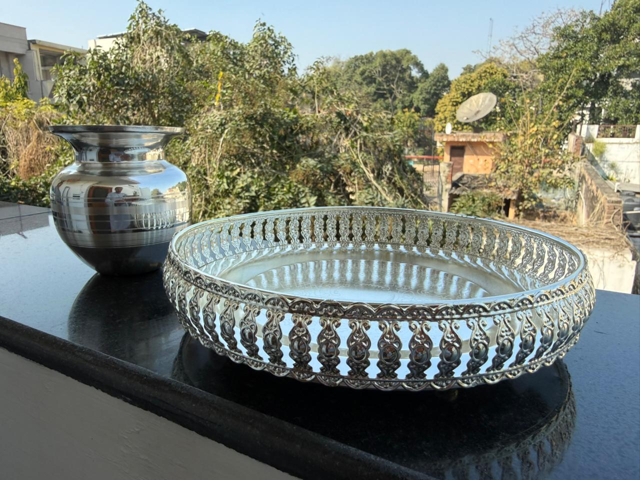 German Silver Designer Tray Set of 2 with Bowl & Kalash – Perfect for Housewarming, Pooja & Gifting