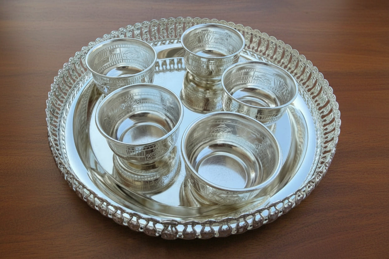 German Silver Designer Tray Set of 2 with Bowl & Kalash – Perfect for Housewarming, Pooja & Gifting
