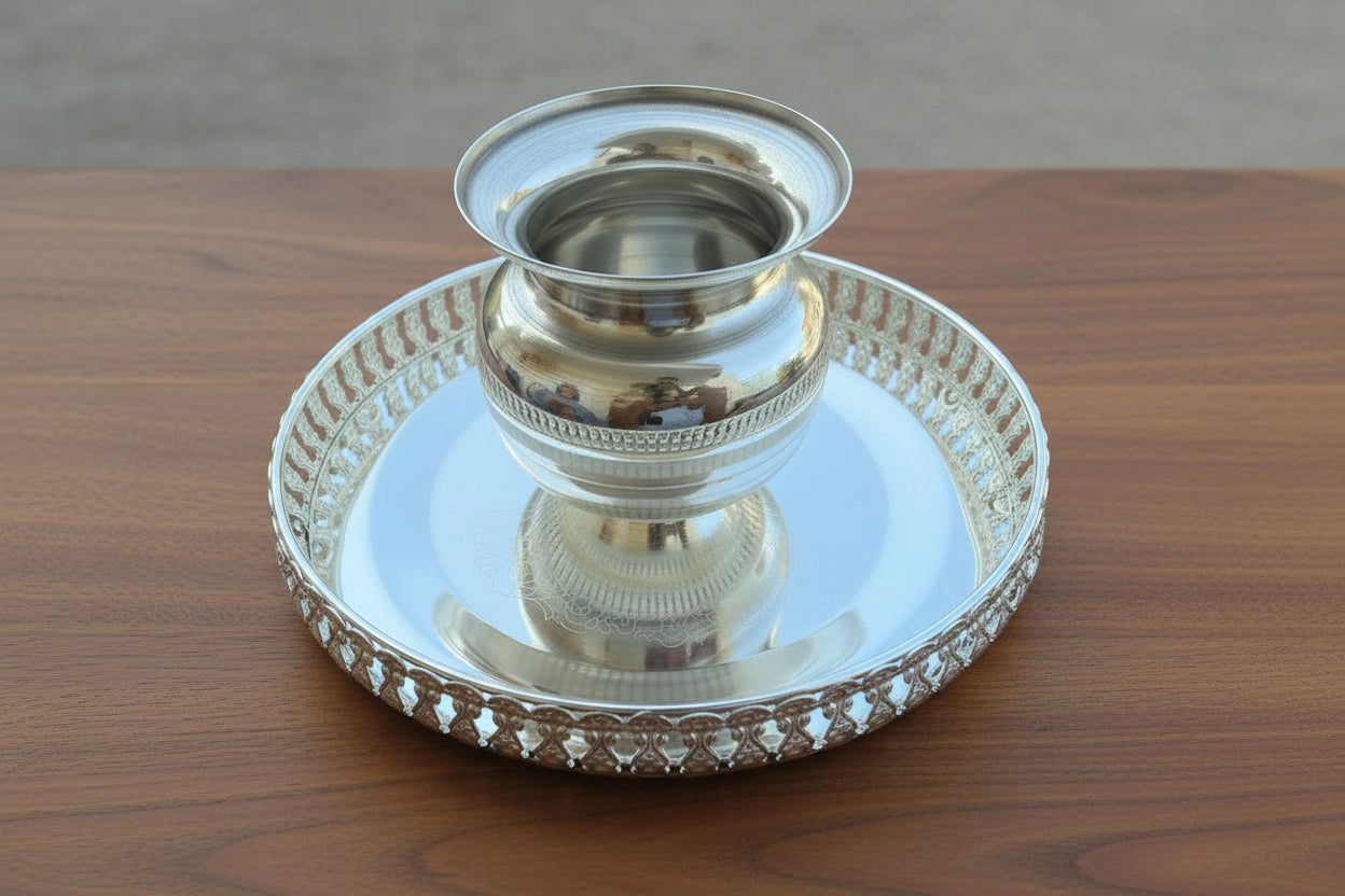 German Silver Designer Tray Set of 2 with Bowl & Kalash – Perfect for Housewarming, Pooja & Gifting