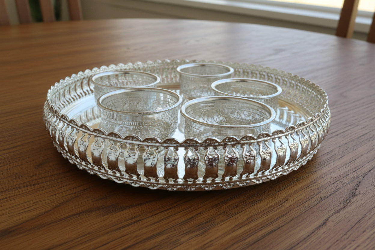 German Silver Designer Tray Set of 2 with Bowl & Kalash – Perfect for Housewarming, Pooja & Gifting