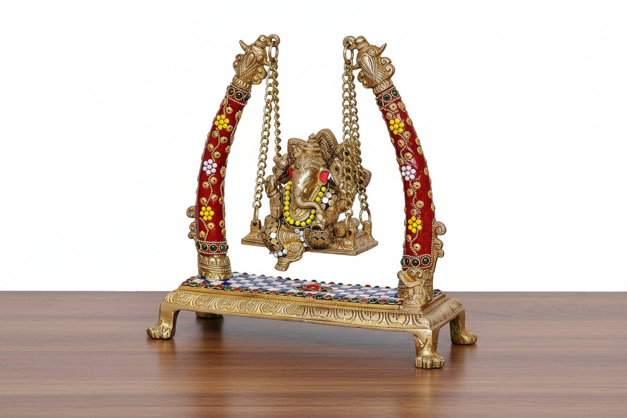 Brass Ganesh Jhula Swing with Stonework – Handmade Home Décor & Gift Item