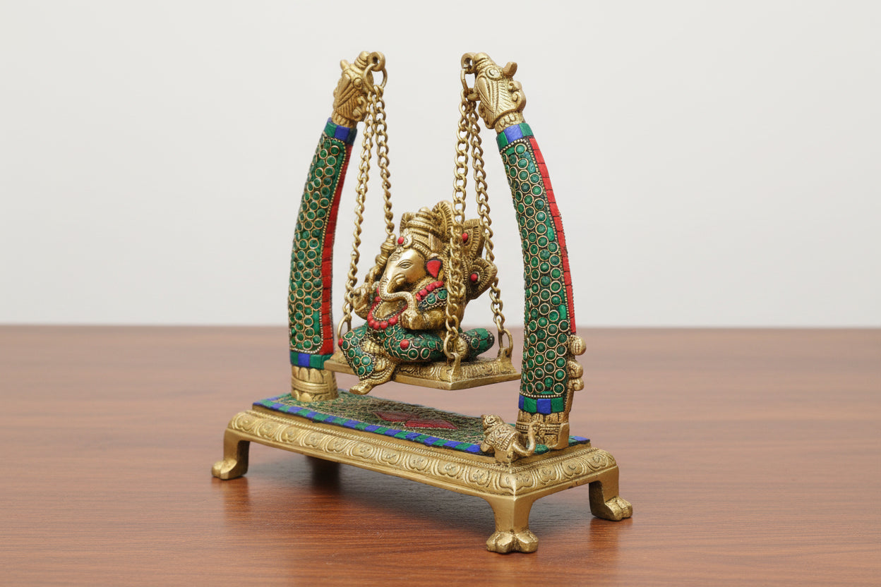 Brass Ganesh Jhula Swing with Stonework – Handmade Home Décor & Gift Item, GREEN