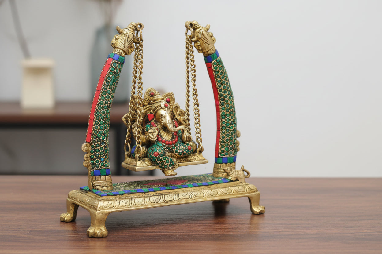Brass Ganesh Jhula Swing with Stonework – Handmade Home Décor & Gift Item, GREEN