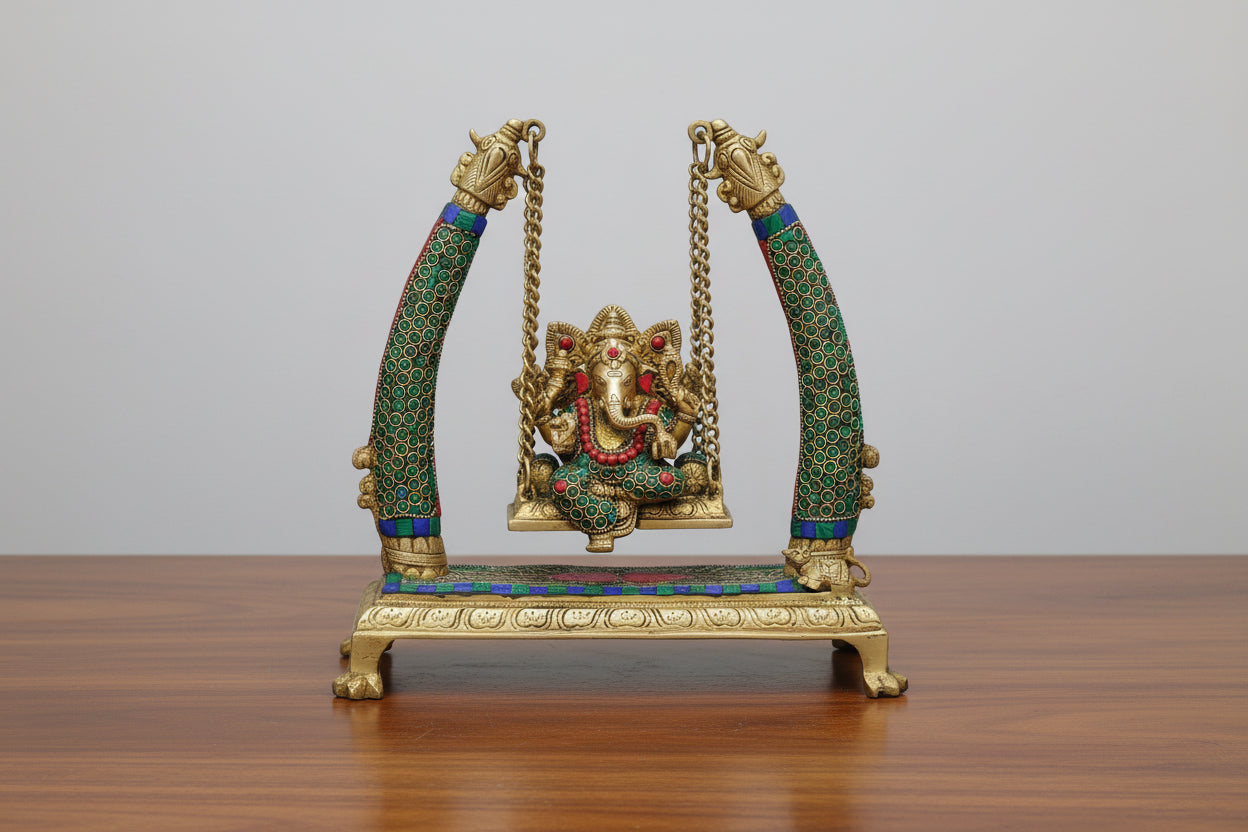 Brass Ganesh Jhula Swing with Stonework – Handmade Home Décor & Gift Item, GREEN