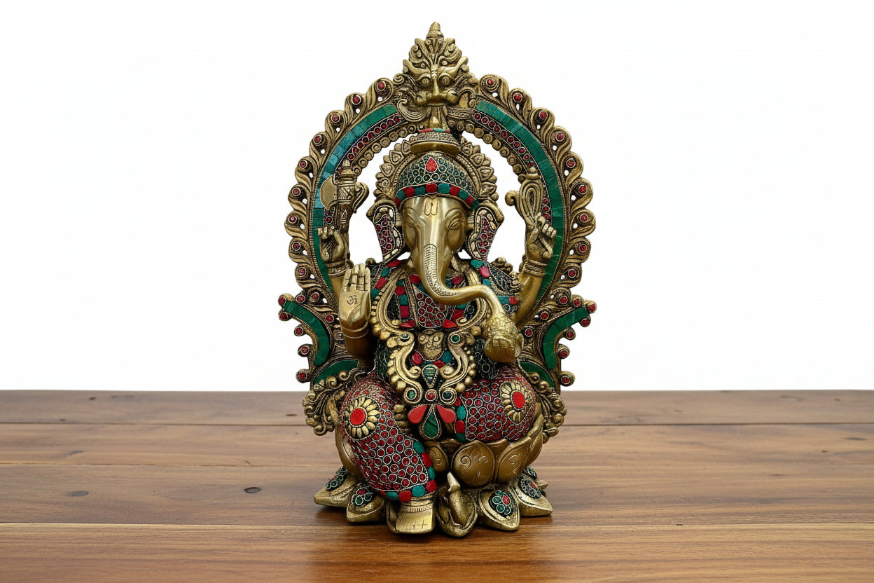 Brass Ganesh Sitting Idol with Stone Work – Perfect for Home Temple & Sacred Gifting