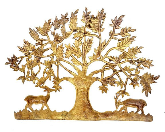 Tree of Life Wall Décor with Birds & Deer – Yellow Finish Root & Branch Design for Home Decoration