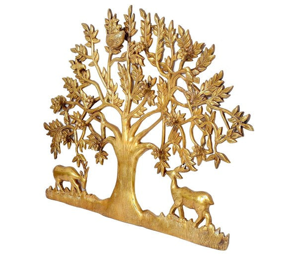 Tree of Life Wall Décor with Birds & Deer – Yellow Finish Root & Branch Design for Home Decoration